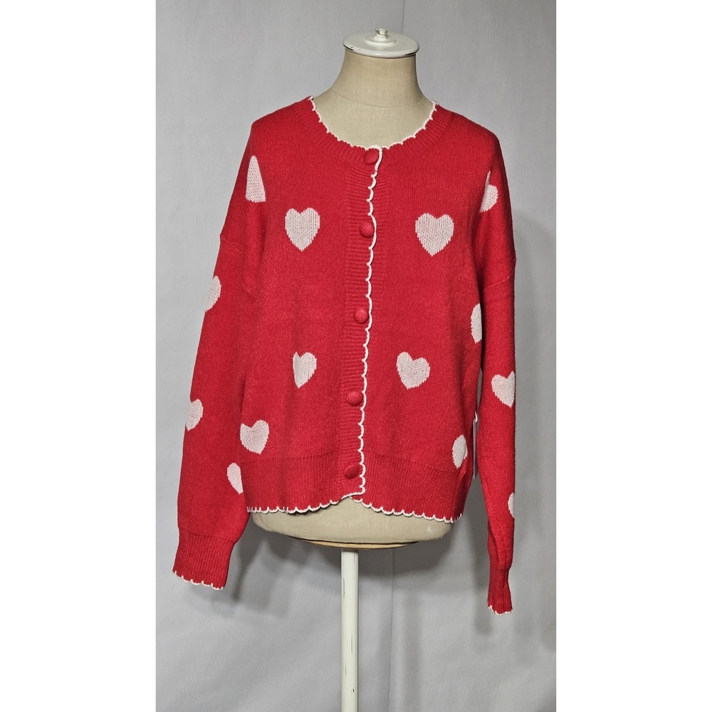 Luna Ivy Red Knit Button Cardigan Sweater With White Hearts Size Large